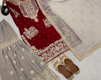Pakistański projektant bordowych sukienek imprezowych Salwar Kameez z dupattą dla kobiet, garnitur Sharara, top-palazzo, pakistańskie garnitury, indyjski garnitur etniczny