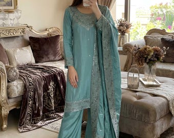 Indian Designer Blue Palazzo Suit Salwar Kameez with Dupatta 3pc Set Readymade ,Punjabi Wedding Dress Sharara for Women,Pakistani Suit