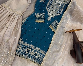 Designerski niebieski garnitur sharara z haftowaną żorżetą, pakistański strój imprezowy z dupattą, niebieski strój, indyjski garnitur sharara