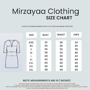 Może przedstawiać: Tabela rozmiar&oacute;w od Mirzayaa Clothing, z wymiarami biustu, talii i bioder w calach. Rozmiary wahają się od XXS do 4XL. Tabela zawiera schemat sukienki z oznaczonymi liniami biustu, talii i bioder. Tekst na dole wskazuje, że wymiary są w calach.