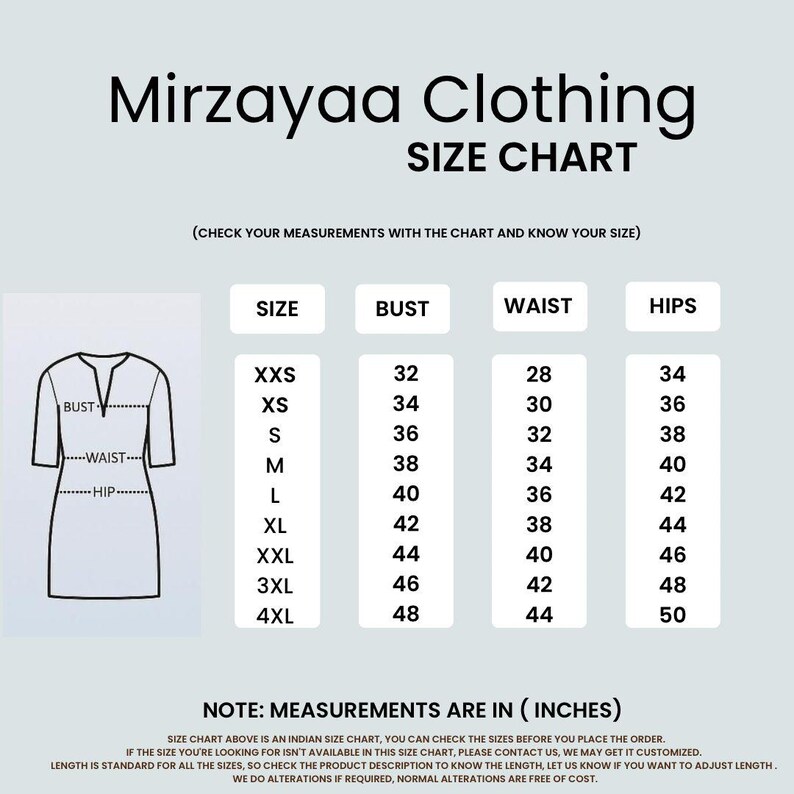 Może przedstawiać: Tabela rozmiar&oacute;w od Mirzayaa Clothing, z wymiarami biustu, talii i bioder w calach. Rozmiary wahają się od XXS do 4XL. Tabela zawiera schemat sukienki z oznaczonymi liniami biustu, talii i bioder. Tekst na dole wskazuje, że wymiary są w calach.