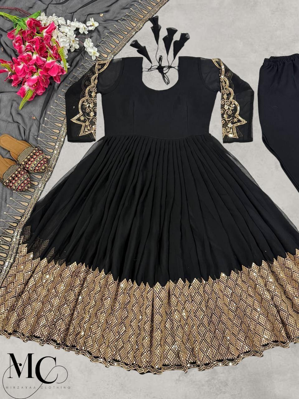 slim fit dress slacks Black Gold Embroidered Layered Traditional Long Party Dress With Detac –  Sultan Dress main image 0