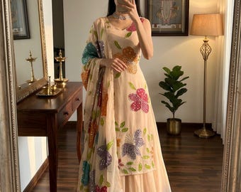 Najnowszy designerski komplet kurta palazzo salwar kameez z dupattą 3-częściowy gotowy, strój indyjski, pakistański garnitur, suknia ślubna w stylu pendżabskim