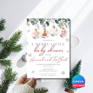 Könnte beinhalten: Eine Babyparty-Einladung mit weihnachtlichem Thema. Die Einladung zeigt Illustrationen von Ornamenten mit Babykleidung im Inneren. Der Text lautet "A Merry Little Baby Shower" zu Ehren von Hannah und Tim Brooks.