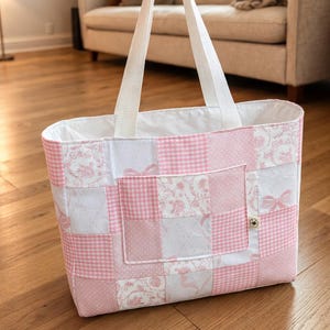 Homemade Large Quilted Patchwork Tote Bag- Cotton Shoulder Bag, Floral, Bows, Pink and White