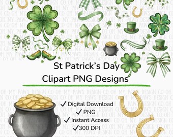 St Patrick's Day Watercolor Clipart Bundle, Shamrock, Bow, Horseshoe (PNG Digital Download)