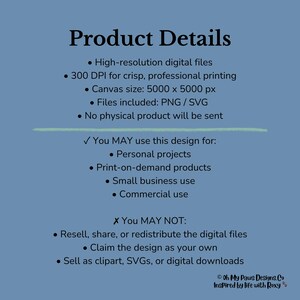 May include: A blue background with the text "Product Details" in black. The text lists details about digital files, including high-resolution, 300 DPI, and canvas size 5000 x 5000 px. It also specifies permitted and prohibited uses of the design.