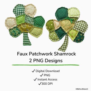 Può includere: Due disegni di finti patchwork a forma di trifoglio nei toni del verde, beige e oro. I trifogli sono realizzati con vari modelli di tessuto, tra cui pois, quadretti e stampe floreali. Il testo "Faux Patchwork Shamrock 2 PNG Designs" è visualizzato sotto.
