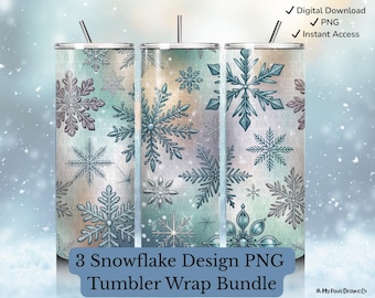 3 copos de nieve brillantes para vasos PNG, diseño de sublimación invernal (descarga digital)