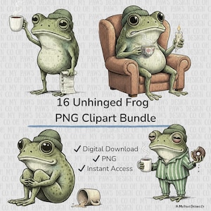 May include: A digital clipart bundle featuring 16 illustrations of anthropomorphic frogs in various poses. The frogs are depicted with a whimsical, cartoonish style, wearing hats and pajamas, holding coffee cups, and sitting in armchairs. The text "16 Unhinged Frog PNG Clipart Bundle" is included.