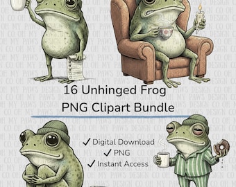 Paquete de imágenes prediseñadas de ranas desquiciadas, 16 divertidos diseños PNG de ranas, ilustraciones de ranas meme, imágenes prediseñadas de animales caóticos