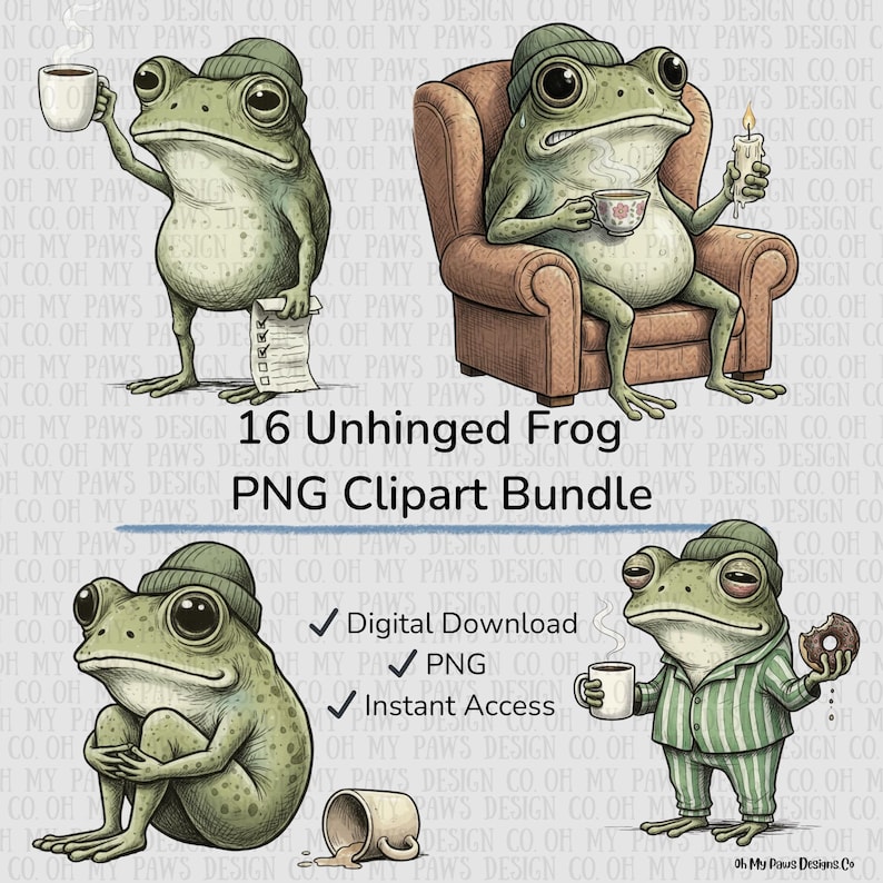 May include: A digital clipart bundle featuring 16 illustrations of anthropomorphic frogs in various poses. The frogs are depicted with a whimsical, cartoonish style, wearing hats and pajamas, holding coffee cups, and sitting in armchairs. The text "16 Unhinged Frog PNG Clipart Bundle" is included.