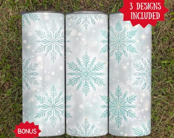Envoltorio de vaso con copos de nieve brillantes PNG, diseño de sublimación para vacaciones de invierno (descarga digital)