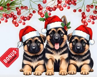 Perros, envoltura navideña para vasos, PNG, diseño navideño de pastor alemán, sublimación
