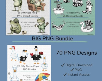 BIG PNG Bundle 70 Designs. Unhinged Frogs, Silly Goose, Raccoon