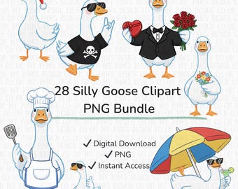 28 Silly Goose Clipart Bundle, Funny Goose PNG, 300 DPI Digital Download, Cute Goose Graphics for Crafts