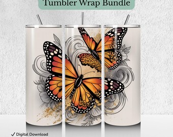 3 envoltorios para vasos de mariposa monarca, florales, PNG, diseños de sublimación de 20 oz (descargas digitales)