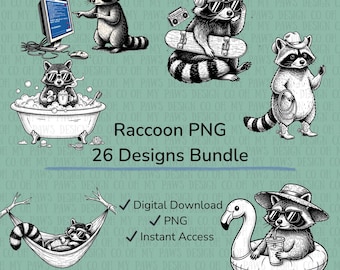 Raccoon PNG Bundle, 26 Vintage Style Clipart Designs (Digital Download)