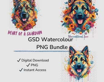 3 German Shepherd Watercolour PNG Bundle, 3 Designs, Dog Art Clipart, Transparent Background, Digital Download