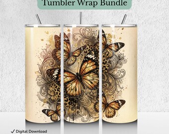 Paquete de envolturas para vasos con diseño de mariposa monarca PNG, diseño floral por sublimación (descarga digital)