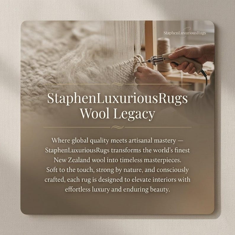 May include: Image of a rug being crafted. The text "StaphenLuxuriousRugs Wool Legacy" is displayed. The image shows a close-up of the rug's texture and the hands of a person working on it with a tool.