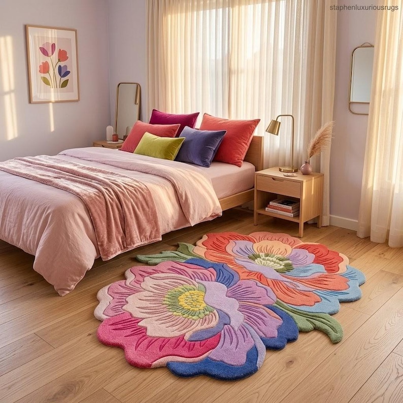 K&ouml;nnte beinhalten: Ein Schlafzimmer mit einem Bett mit rosa Bettw&auml;sche und bunten Kissen. Zwei gro&szlig;e, blumenf&ouml;rmige Teppiche in Rosa, Orange, Blau und Gr&uuml;n liegen auf dem Holzboden. Ein gerahmter Blumendruck h&auml;ngt an der Wand.