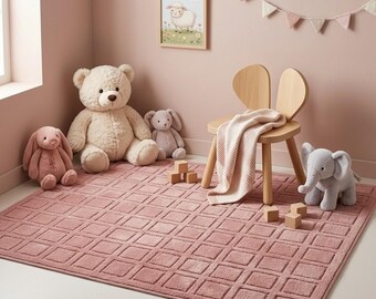 Blush Pink Modern Grid Rug Soft Minimal Carpet Living Room Bedroom Decor Luxury
