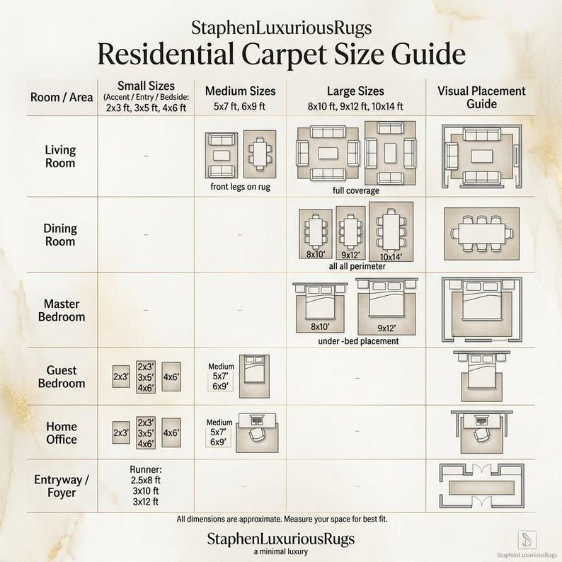 May include: Residential carpet size guide showing rug sizes for various rooms, including living room, dining room, and bedrooms. Sizes are given in feet, with diagrams illustrating rug placement.