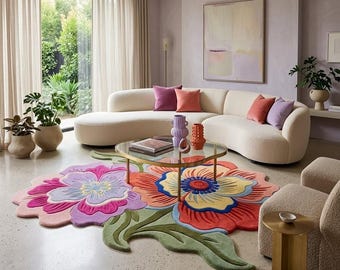 Bunter Blumenteppich, Handgetufteter Wollteppich, Skandinavischer Blumenteppich, Kinderzimmer Dekor Teppich, Tufted Blumenteppich