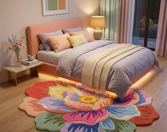 Bunter Blumen-Teppich, Handgemachter Wollteppich, Künstlerteppich, Moderner Botanischer Bodenteppich, Pastellfarben, Benutzerdefinierte Teppich