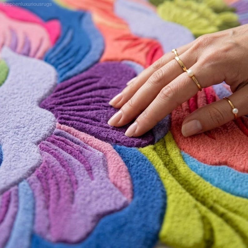 K&ouml;nnte beinhalten: Nahaufnahme eines farbenfrohen, strukturierten Teppichs mit floralem Design. Der Teppich zeigt Farbt&ouml;ne von Lila, Blau, Rosa, Orange und Gr&uuml;n. Eine Hand mit goldenen Ringen ber&uuml;hrt den Teppich und hebt seine weiche Textur hervor.