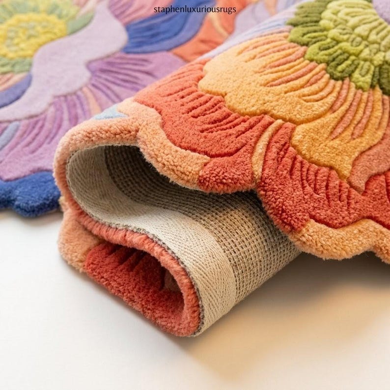 K&ouml;nnte beinhalten: Nahaufnahme eines aufgerollten, farbenfrohen Blumen-Teppichs. Der Teppich hat ein mehrschichtiges Design mit Farbt&ouml;nen von Orange, Rot, Gelb, Gr&uuml;n, Blau und Lila. Die Unterseite des Teppichs ist ein beiges Webmaterial. Der Text "staphenluxuriousrugs" ist sichtbar.
