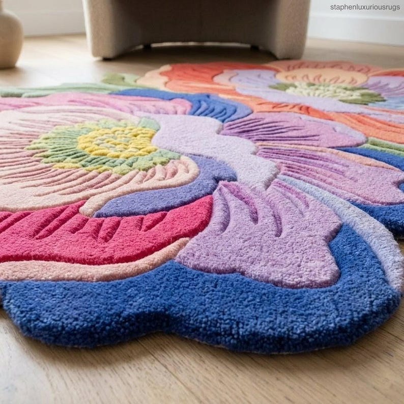 K&ouml;nnte beinhalten: Ein mehrfarbiger, bl&uuml;tenf&ouml;rmiger Teppich mit einem strukturierten, getufteten Design. Der Teppich weist eine lebendige Farbpalette aus Rosa, Blau, Lila, Orange und Gelb auf. Das Design des Teppichs &auml;hnelt einer stilisierten Blume und verleiht jedem Raum ein dekoratives Element.