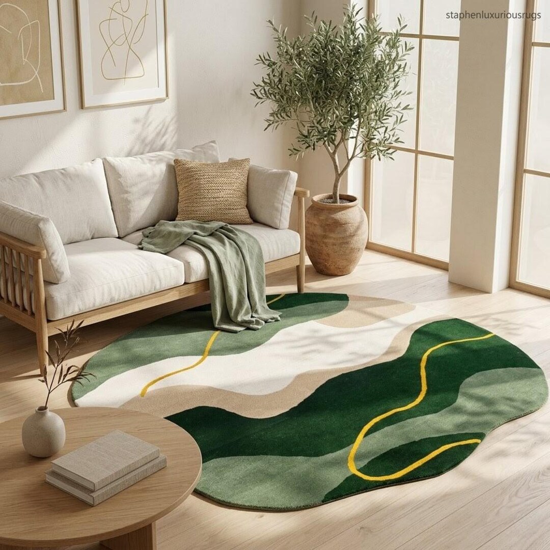 Patterned Green Rug Abstract Design Abstract Green Hand Tufted Rug Modern Organic Shape Area Carpet Home ...