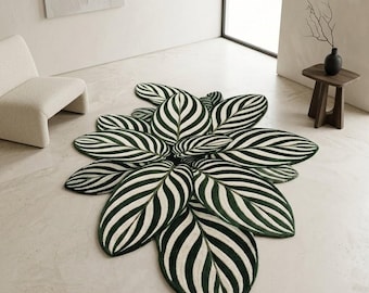 Handgefertigter Botanischer Blätter Teppich 1,8 x 2,5 Meter in Waldgrün