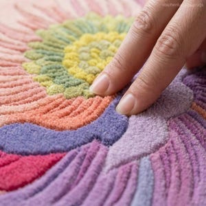 K&ouml;nnte beinhalten: Nahaufnahme eines farbenfrohen, strukturierten Teppichs mit floralem Design. Der Teppich weist eine Vielzahl von Farben auf, darunter Rosa, Orange, Gelb, Gr&uuml;n und Lila. Eine Hand ber&uuml;hrt den Teppich und hebt seine weiche Textur hervor.