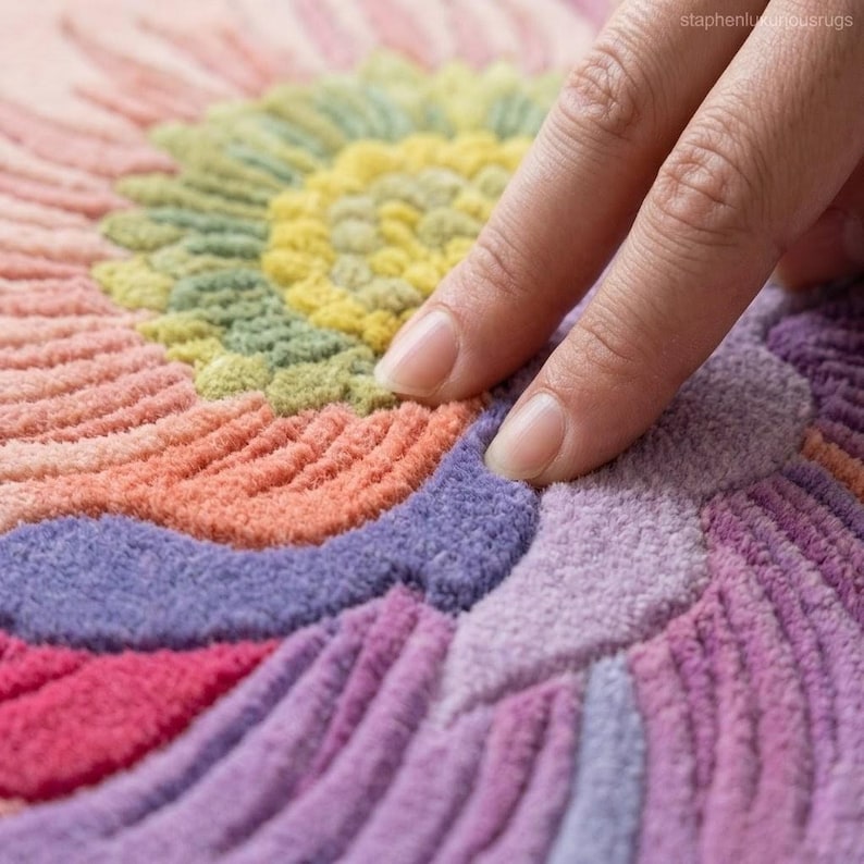 K&ouml;nnte beinhalten: Nahaufnahme eines farbenfrohen, strukturierten Teppichs mit floralem Design. Der Teppich weist eine Vielzahl von Farben auf, darunter Rosa, Orange, Gelb, Gr&uuml;n und Lila. Eine Hand ber&uuml;hrt den Teppich und hebt seine weiche Textur hervor.
