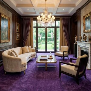 May include: An opulent living room with a curved beige sofa, two armchairs, and a marble coffee table. The room has a purple carpet, dark wood paneling, and a crystal chandelier. Artwork and a fireplace enhance the elegant atmosphere.