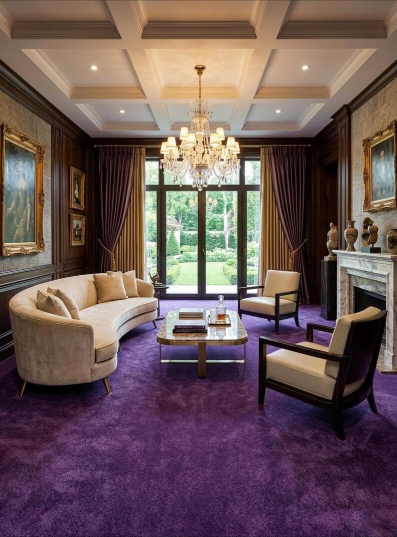 May include: An opulent living room with a curved beige sofa, two armchairs, and a marble coffee table. The room has a purple carpet, dark wood paneling, and a crystal chandelier. Artwork and a fireplace enhance the elegant atmosphere.