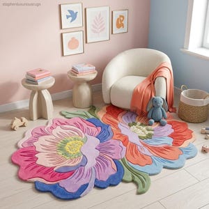 K&ouml;nnte beinhalten: Ein farbenfroher Blumenteppich in Rosa, Orange, Blau und Gr&uuml;n dominiert den Raum. Ein wei&szlig;er Sessel mit einer orangefarbenen Decke steht daneben. Gerahmte Kunstwerke und kleine Beistelltische aus Holz mit B&uuml;chern vervollst&auml;ndigen den Raum.