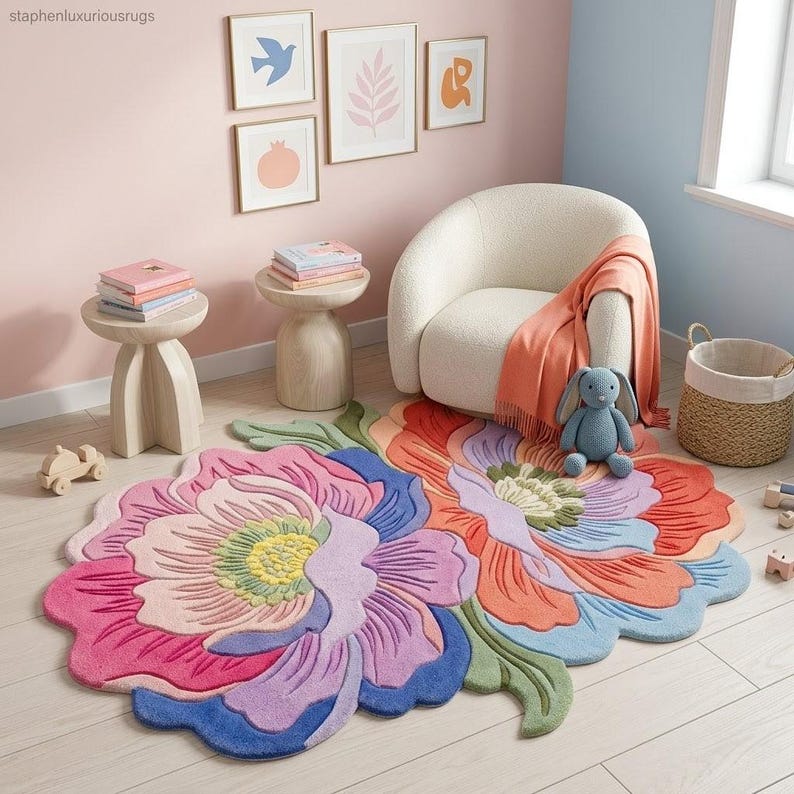 K&ouml;nnte beinhalten: Ein farbenfroher Blumenteppich in Rosa, Orange, Blau und Gr&uuml;n dominiert den Raum. Ein wei&szlig;er Sessel mit einer orangefarbenen Decke steht daneben. Gerahmte Kunstwerke und kleine Beistelltische aus Holz mit B&uuml;chern vervollst&auml;ndigen den Raum.