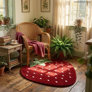 Peut inclure: Un tapis rouge en forme de fraise avec des détails de graines blanches sur un sol en bois. Un fauteuil en osier avec une couverture bordeaux et une petite table d'appoint avec des livres et une tasse à thé sont en arrière-plan. La pièce a une esthétique cottagecore.