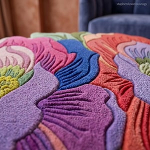 K&ouml;nnte beinhalten: Nahaufnahme eines farbenfrohen, strukturierten Teppichs mit einem abstrakten Blumendesign. Der Teppich weist eine Vielzahl von Farben auf, darunter Rosa, Blau, Lila, Rot und Gr&uuml;n. Die Oberfl&auml;che des Teppichs ist weich und hat einen erhabenen, dreidimensionalen Effekt. Der Text "staphenluxuriousrugs" ist sichtbar.