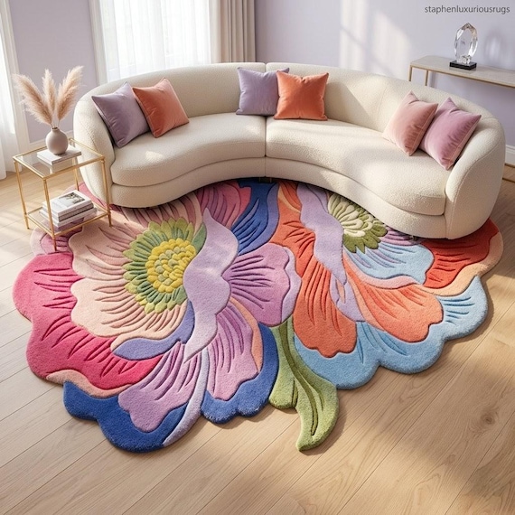 Hand Tufted Floral Rug, Colorful Flower Area Rug, Tufted Wool Carpet, Custom Size Rug, Modern Botanical Rug, Aesthetic Bedroom Decor