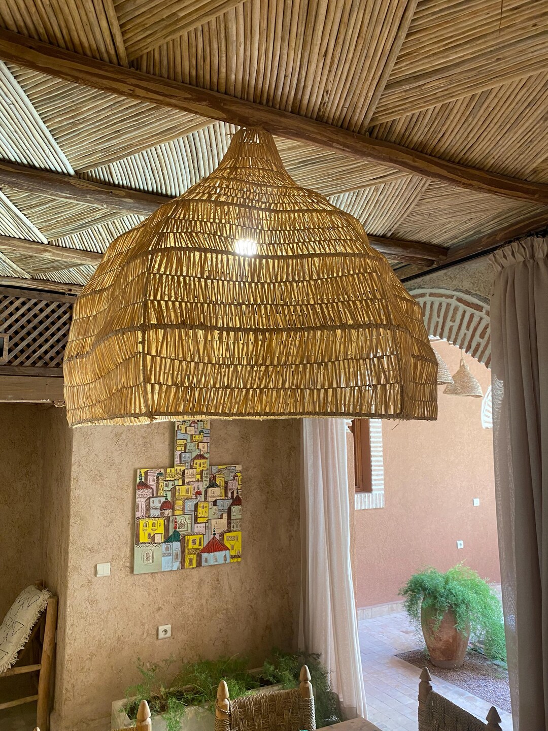 Star Raffia Pendant Light, Handmade Boho Wicker Ceiling Lamp, Natural ...
