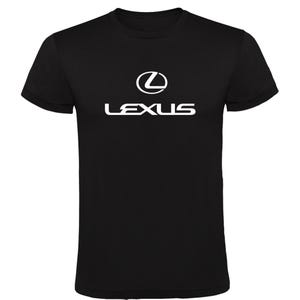 May include: Black t-shirt with the white Lexus logo. The logo features a stylized 'L' inside an oval, with the brand name printed below in a sans-serif font. The shirt has short sleeves and a crew neck.