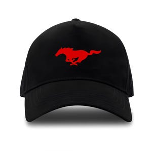 May include: Black baseball cap featuring a red running horse logo. The cap has a curved brim and a structured crown. The logo is a silhouette of a horse in motion, a classic design.