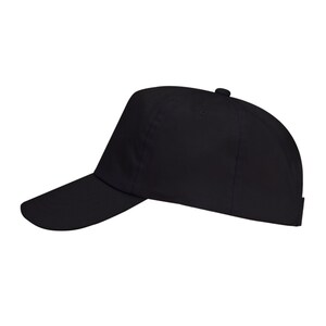 May include: A solid black baseball cap with a curved brim. The cap has a structured crown and a small button on top. The hat is made of a smooth, matte material and is suitable for various outdoor activities.