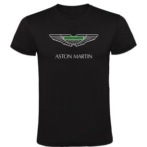 May include: Black t-shirt with the Aston Martin logo. The logo is a white wing design with a green bar and the words "ASTON MARTIN" in white. The shirt has a crew neck.