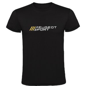 May include: Black t-shirt with the text "PEUGEOT SPORT" in white and yellow. The design features three yellow diagonal lines to the left of the text. The shirt is a crew neck and short-sleeved.